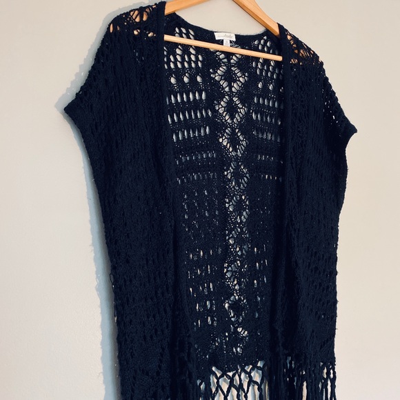Knit Kimono | Cardigan Sweater Vest | Knit Kimono | Black | Tassels | Small - Picture 2 of 6